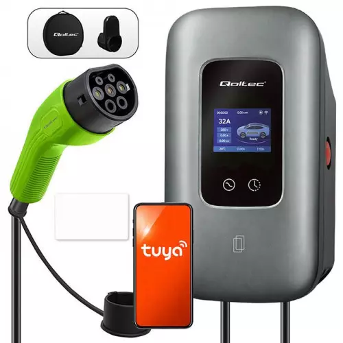 Qoltec Stacja ładowania EV Typ2 do samochodu elektrycznego i hybryd | 3 fazy | 22kW | 32A | Wi-fi | LCD | RFID | Smart life | TUYA | Wallbox | 5m